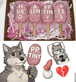 </3 andromorph animal_genitalia animal_penis anthro balls bodily_fluids cake canine_genitalia canine_penis crying dessert erection food fur genitals grey_body grey_fur heart_broken holding_food holding_object holding_phone intersex knot male penis phone pillow popsicle sheath tears white_balls vianaiart meme_2026 valentine's_day canid canine canis humanoid mammal wolf absurd_res hi_res
