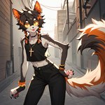 alley anthro bangs black_bottomwear black_clothing black_hair black_nose black_pants bottomwear bracelet braided_hair claws clothing collar crop_top cross cross_necklace crucifix fluffy fluffy_tail fur girly hair handpaw jewelry kemono male midriff multicolored_body multicolored_fur multicolored_hair necklace orange_ears pants paws pupils shirt slim slit_pupils solo tongue tongue_out topwear two_tone_body two_tone_fur two_tone_hair yellow_sclera doctorwhut aak_(arknights) domestic_cat felid feline felis foo_dog komainu mammal yokai