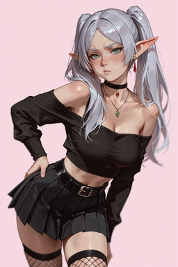 belt blush blushing_at_viewer bottomwear breasts choker clothing ear_piercing ear_ring eyelashes female green_eyes hair hand_on_hip humanoid_pointy_ears jewelry legwear long_hair navel necklace not_furry piercing pleated_skirt ring_piercing simple_background skirt solo stockings white_hair phinjo frieren:_beyond_journey's_end frieren elf humanoid hi_res