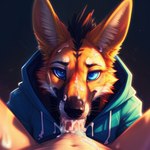 anthro ascar_the_maned_fox_(character) black_hair blue_eyes bodily_fluids canid canine clothing cum cum_in_mouth cum_inside cum_on_face duo first_person_view fox genital_fluids hair hi_res hoodie human human_on_anthro interspecies looking_at_viewer male male/male mammal maned_wolf pinasheep69 topwear