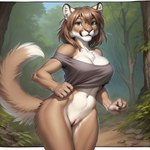 anthro big_breasts bottomless breasts brown_body brown_eyes brown_fur brown_hair clothed clothing cougar felid feline female forest fur genitals hair mammal multicolored_body multicolored_fur neutron_alchemist nude partially_clothed plant pussy shirt solo standing tank_top topwear tree two_tone_body two_tone_fur two_tone_tail white_body white_fur