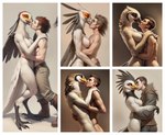 absurd_res accipitriform anthro areola avian beak bird bodily_fluids breasts claws digitigrade duo embrace falcon falconid feathered_crest feathers female finger_claws head_crest hi_res hugging human human_on_anthro interspecies kissing male male/female mammal multiple_images nipples nude owl romantic romantic_couple saliva scutes secretary_bird side_boob simple_background size_difference terraraptor tongue white_body white_feathers