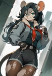 abstract_background anthro belt black_hair blue_eyes bottomwear claws clothing dutch_angle ear_piercing female fingerless_gloves fur_trim gloves hair handwear jacket legwear long_hair looking_at_viewer necktie pantyhose piercing shorts smile standing thigh_gap topwear torn_clothing torn_legwear zipper ayo_keito jane_doe_(zenless_zone_zero) mammal murid murine rat rodent absurd_res hi_res