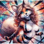 abstract_background anthro breasts canid canine colorful dall-e_3 director_sunshine female fox fur looking_at_viewer mammal solo