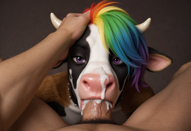 ambiguous_gender anthro black_body black_fur bodily_fluids collar cum cum_in_mouth cum_inside cum_on_face fellatio_pov fur genital_fluids genitals hair head_grab horn human_on_anthro interspecies lidded_eyes looking_at_viewer multicolored_hair penis pubes purple_eyes rainbow_hair realistic realistic_fur realistic_lighting simple_background spiked_collar spikes vein veiny_penis white_body white_fur nnam_si3 bovid bovine cattle human mammal hi_res