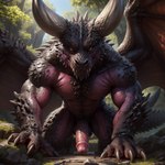 all_fours anthro balls erection genitals horn humanoid_genitalia humanoid_penis looking_at_viewer male monster_hunter muscular nature nature_background nipples penis solo teeth wings yellow_eyes yetanotheraiuser elder_dragon nergigante scalie