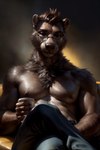 absurd_res anthro bottomwear brown_body brown_fur canineluvr19 chest_tuft clothing container crossed_legs cup denim denim_clothing eyewear fur glasses hair hi_res jeans lutrine male mammal messy_hair muscular mustelid nipples pants pecs relaxed shirtless_male sitting solo solo_focus tuft whiskers