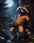 anthro balls big_balls big_penis bottomwear clothed clothing erection foreskin forest genitals grass hi_res humanoid_genitalia light looking_at_viewer male mammal moon moonlight night open_bottomwear open_clothing open_pants pants penis penis_through_fly plant poking_out procyonid pubes raccoon red_eyes rocket_raccoon shirt solo styx343 topwear tree vein veiny_penis