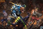 5_fingers angry anthro antlers armor battle blue_hair bottomwear brown_body brown_fur claws clothed clothing cybernetics fangs fight fingers footwear fur green_hair grey_body grey_fur group gun hair holding_gun holding_object holding_ranged_weapon holding_weapon horn logo machine male muscular muscular_anthro muscular_male open_mouth pants ranged_weapon red_clothing shirt shorts snarling standing tail tank_top teeth tentacles tongue topless topwear trio weapon thebigbradwulf brad_wulf_(thebigbradwulf) buckshot_bruin_(thebigbradwulf) onsen_the_bear_(thebigbradwulf) alien canid canine canis cervid cervine goo_creature humanoid mammal monster ursid wolf digital_media_(artwork)