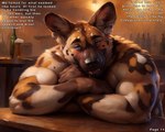 african_wild_dog alcohol anthro bar beer beverage blue_eyes blush bodily_fluids canid canine drooling drunk kaleb male mammal muscular muscular_male saliva solo substance_intoxication text wetfur_(director)