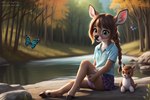 aimee anthro arthropod bottomwear brown_hair butterfly cervid clothing cub female hair insect lepidopteran mammal nature nature_background panties plushie shirt sitting skirt solo teal_eyes topwear underwear venison venisoncreampie young