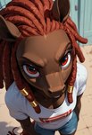 anthro close_up clothed clothing dreadlocks eyelashes high-angle_view looking_at_viewer male red_eyes solo redstallion_(director) equid equine horse mammal hi_res