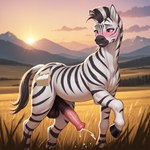 animal_genitalia animal_penis balls blush bodily_fluids cum cumshot ejaculation equine_genitalia equine_penis equine_tail feral genital_fluids genitals grass hooves male mountains penis plant solo stripes sunset matt3985_(director) phazon equid equine mammal zebra hi_res