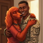 anthro black_hair bodily_fluids claws clothing collar crying duo embrace eyes_closed female fur hair hug male military_uniform red_body red_fur tears uniform ghostrecon9i bird_dog canid canine canis domestic_dog human hunting_dog irish_setter mammal setter