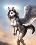 anonymous_director anthro bent_over big_breasts blue_eyes breasts canid canine canis female fur halo hi_res loona_(helluva_boss) mammal multicolored_body multicolored_fur neck_tuft solo tuft two_tone_body two_tone_fur wings wolf