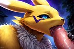 almer42 anthro black_sclera blue_eyes bodily_fluids digimon_(species) duo facial_markings fellatio female fur genitals head_markings hi_res mammal markings neck_tuft oral penile penis renamon saliva saliva_on_penis sex solo_focus tuft yellow_body yellow_fur