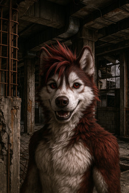 anthro black_nose body_fur brutalist_architecture concrete detailed_fur dystopian fur hair happy inside male messy_hair metal nippleless no_sclera open_mouth pupils realistic rebar red_body red_ears red_eyes red_fur red_hair rust smile solo spiky_hair tuft upper_body white_body white_fur window 7oxytron canid canine canis domestic_dog husky mammal nordic_sled_dog spitz alternate_version_at_source brown_theme detailed hi_res portrait