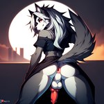 anthro anus butt clothing fur genitals hair looking_at_viewer looking_back male penis raised_tail shoulderless_shirt solo kerrija loona_(helluva_boss) canid canid_demon canine demon hellhound mammal attempted_signature hi_res