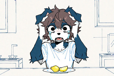 anthro bodily_fluids cabinet clothing counter hand_on_head kitchen lemon male plate sad screaming shirt solo tears topwear renz rennii_(renz) canid canine canis collie domestic_dog herding_dog mammal pastoral_dog sheepdog