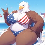 accipitrid accipitriform american_flag_bikini anthro avian bald_eagle beach beak big_breasts bikini bikini_bottom bikini_top bird blackgum blue_eyes breasts claws clothing eagle feathers female flag gull lari larid overweight sea sea_eagle seaside smile solo stars_and_stripes swimwear thick_thighs united_states_of_america water