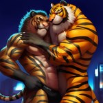 5_fingers abs anthro claws clothing duo felid fingers fur jockstrap male male/male mammal muscular muscular_anthro muscular_male orange_body orange_fur pantherine smile smirk tesseract_(director) tiger underwear