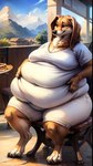 ambiguous_gender anthro belly big_belly bottomwear canid canine canis clothed clothing domestic_dog fat_rolls ffox475 hi_res hunting_dog mammal obese overweight saluki shirt shorts sighthound sitting solo t-shirt topwear white_clothing