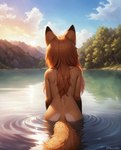 anthro female hair lake light long_hair markings nude orange_body orange_hair plant rear_view solo sunlight tree director_myrlonel canid canine fox mammal hi_res