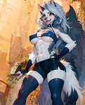 absurd_res anonymous_director anthro athletic athletic_female breasts canid canine canis cleavage clothed clothing detailed_background female hi_res low-angle_view mammal seductive skimpy solo standing under_boob wolf