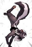 anthro black_body black_fur black_hair bottomless bra clothed clothing digitigrade eyes_closed female fur hair handstand long_hair simple_background smile solo sports_bra underwear white_body white_fur white_hair director_crashbandit mammal mephitid skunk hi_res novelai