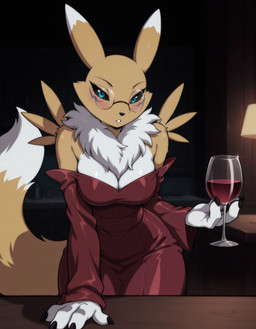 anthro black_sclera blue_eyes blush body_fur clothed clothing dark_background dress eyewear female fur glasses looking_at_viewer multicolored_body multicolored_fur off_shoulder red_clothing red_dress solo upper_body white_body white_fur yellow_body yellow_fur digimon digimon_(species) renamon hi_res noobai_(model) stable_diffusion