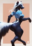 anthro black_body black_fur blue_eyes bottomless clothed clothing digitigrade female fur hair long_hair nude shirt simple_background solo tasteful_nudity topwear walking white_body white_fur white_hair director_crashbandit mammal mephitid skunk attempted_signature hi_res novelai