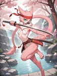 3_toes accessory action_pose anthro armor beak blue_sclera cherry_blossom claws clothing feathers feet female headband holding_object holding_weapon katana long_tail looking_at_viewer melee_weapon on_one_leg panties pink_body plant pose red_clothing solo spots standing sword toes tuft underwear water waterfall weapon director_myrlonel marusya_(director_myrlonel) avian velari hi_res