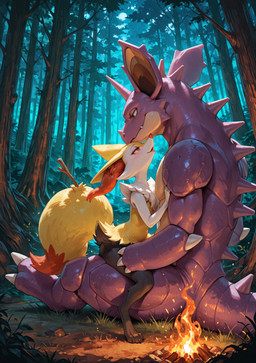 anthro campfire duo female feral forest larger_male light male male/female moonlight plant sitting_on_another size_difference smaller_female touching_partner tree crimson_fenrir_(director) nintendo pokemon braixen generation_1_pokemon generation_6_pokemon nidoking pokemon_(species) hi_res