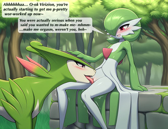 anthro anthro_on_feral bestiality blush cunnilingus duo female female/female feral forest genitals green_body hand_on_head looking_down moss open_mouth open_smile oral outside plant pussy sex shaking sitting smile standing text tree tremble_spikes trembling vaginal white_body lightning7 nintendo pokemon gardevoir generation_3_pokemon generation_5_pokemon legendary_pokemon pokemon_(species) virizion absurd_res hi_res