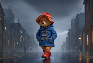 anthro boots brown_body brown_fur city clothed clothing coat footwear fur hat headgear headwear male outside puddle raincoat raining solo storm storm_cloud street topwear walking boxen549 paddington_and_company_limited paddington_bear mammal ursid