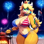 alternate_species american_flag_bikini anthro beach big_breasts blonde_hair breasts detailed_background female fireworks food grill hair happy long_hair meat night outside seaside shell solo spatula spiked_shell spikes spikes_(anatomy) tools yellow_body captaincommandon't princess_peach koopa reptile scalie turtle novelai