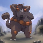 anthro belly big_belly big_breasts breasts brown_body carapace detailed_background female generation_4_pokemon genitals hands_behind_head horn looking_at_viewer mammal mountains nipples nude outside pokemon pokemon_(species) presenting pussy red_eyes rhinocerotoid rhyperior smile solo spookygar