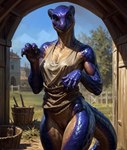 anthro bottomless building claws clothed clothing denis0k door dress female genitals grass hi_res house lizard outdoor plant pussy reptile scalie solo