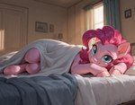 bed bed_sheet bedding bedroom blue_eyes female feral fur furniture hair half-closed_eyes hooves looking_at_viewer narrowed_eyes picture_frame pillow pink_body pink_fur pink_hair smile smiling_at_viewer solo window unknown_director my_little_pony pinkie_pie_(mlp) equid equine horse mammal pony