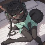 anthro baggy_clothing bed black_body black_fur black_hair blush claws clothing cute_pose female freckles fur furniture green_clothing green_eyes green_shirt green_topwear hair hand_between_legs inner_ear_fluff knock-kneed long_hair looking_at_viewer neck_tuft on_bed pawpads ponytail ribbons shirt shoulder_tuft sitting sitting_on_bed solo topwear tuft wet wet_clothing cpt_d canid canine canis mammal wolf hi_res