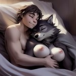 absurd_res anthro bed breasts canid canine canineluvr19 canis cuddling duo female furniture hi_res human male male/female mammal romantic romantic_couple sleeping wolf