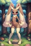 anthro blush breasts brown_body chest_tuft dirt_path feet female flower fluffy forest forest_background fur generation_4_pokemon genitals grass hair hi_res lagomorph leporid looking_at_viewer lopunny mammal nature nature_background nipples nude open_mouth plant pokemon pokemon_(species) pussy rabbit shinyluxio smile solo tree tuft