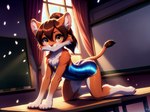 all_fours anthro brown_body brown_eyes brown_fur brown_hair classroom clothing cub felid female female_focus fur hair hi_res leotard lion looking_at_viewer mammal pantherine school smile solo solo_focus venisoncreampie young