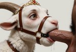 anthro balls bodily_fluids bridle brown_eyes brown_leather close-up clothing crown dripping duo ears_back ears_down female feral fur genitals headgear headwear horn human_genitalia human_on_anthro human_penis interspecies leather male male/female penetration penis photorealism pivoted_ears realistic realistic_fur realistic_lighting saliva saliva_drip sex tears tiara white_body white_fur nnam_si3 bovid caprine goat human mammal hi_res