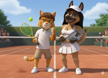 anthro audience ball black_hair blue_eyes bottomwear brown_hair clothing cloud duo female gemini green_eyes grin grinning_at_viewer group hair hat headgear headwear kakhi_shorts male male/female shirt skirt sky smile smirk smirking_at_viewer tennis tennis_ball tennis_court tennis_racket topwear white_bottomwear white_clothing white_hat white_headwear white_shirt white_skirt white_topwear mcninja2000 frederick_tafkad matilda_hubner canid canine canis domestic_cat domestic_dog felid feline felis german_shepherd herding_dog mammal pastoral_dog