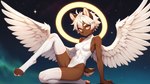 anthro aurora_borealis black_nose brown_body brown_fur clothing digitigrade feathered_wings feathers female fur golden_eyes hair halo leotard short_hair short_tail sitting sky smile solo star starry_sky tomboy white_hair wings sagrael iri_(sagrael) canid canine canis mammal wolf hi_res wallpaper