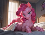 bed bed_sheet bedding bedroom blue_eyes featureless_crotch female feral fur furniture hair half-closed_eyes hooves looking_at_viewer narrowed_eyes naughty_face picture_frame pillow pink_body pink_fur pink_hair smile smiling_at_viewer solo window unknown_director my_little_pony pinkie_pie_(mlp) equid equine horse mammal pony