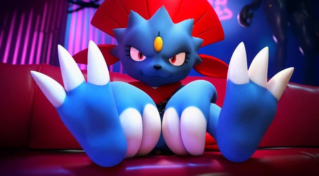 3_toes ambiguous_anthro ambiguous_gender anthro biped blue_body claws clothing curling_toes duo featureless_crotch feet foot_focus fur furniture harness looking_at_viewer nightclub paws red_eyes seductive sitting smile smirk sofa solo solo_focus teeth toe_claws toes sergalbutt nintendo pokemon generation_4_pokemon mammal pokemon_(species) weavile alternate_version_at_source animated no_sound short_playtime webm