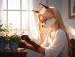 anthro blonde_hair clothing female flower fur hair long_hair looking_away plant shirt smile solo solo_focus topwear magacitl canid canine fox mammal animated webm