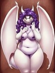 anthro belly blush breasts chest_tuft curled_hair dragon eyewear female fluffy glasses green_eyes hair horn looking_at_viewer lysander_(director) membrane_(anatomy) membranous_wings navel overweight overweight_female purple_hair randie scalie seductive shy small_breasts solo thick_thighs tuft western_dragon white_body wide_hips wings